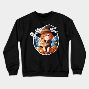 Magical Halloween Moment: Young Witch Cuddling a Black Ca Crewneck Sweatshirt